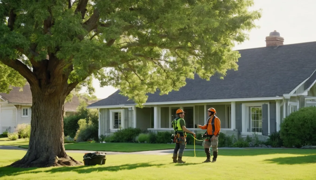 A tree provider and a homeowner talking beside a large tree in a yard near Strongsville