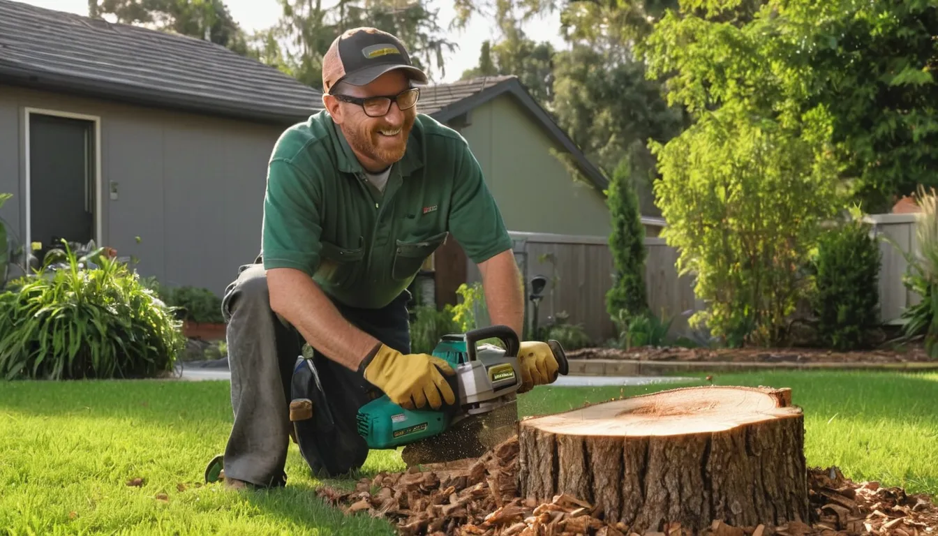 A friendly provider grinding a tree stump in a residential backyard near Strongsville